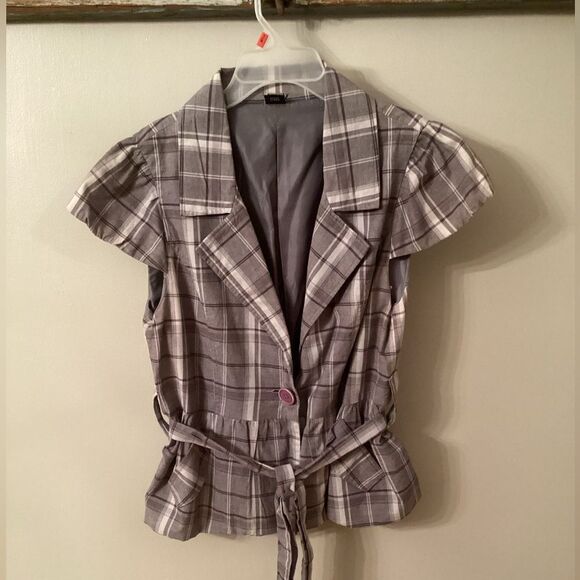 GUESS Y2K SIZE LARGE LINED GRAY PLAID BELTED SHORT SLEEVE JACKET BLAZER - Picture 2 of 8